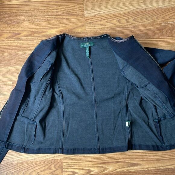 Ralph Lauren LRL Full Zip Denim Jacket Sz 4 Dark Wash Blue Leather Trim NWOT - Picture 10 of 11